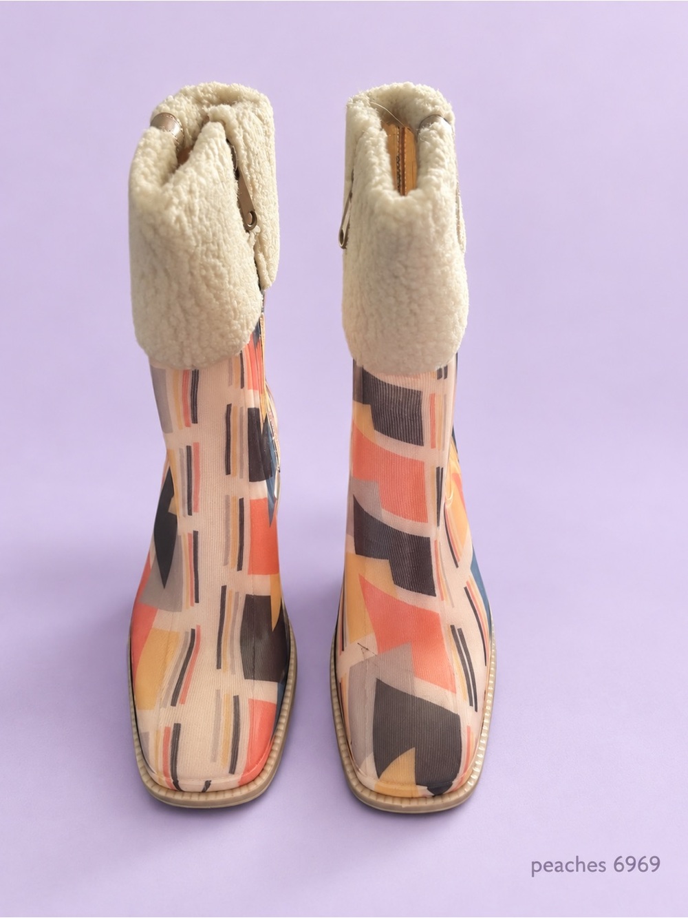 Colorful Geometric Rain Boots with Cozy Faux Fur Cuffs